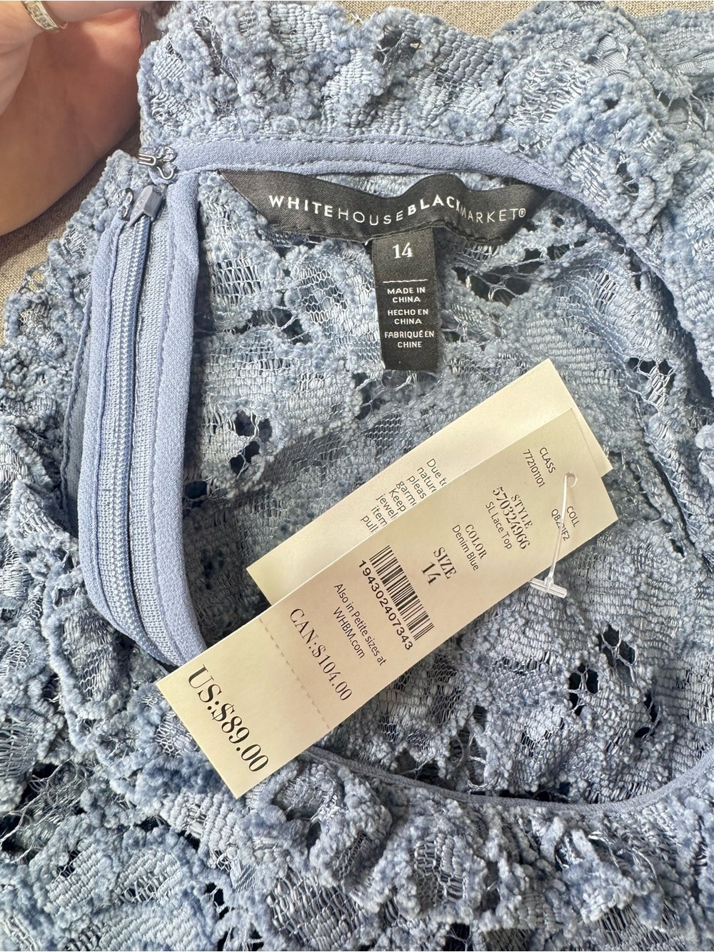 White House Black Market Blue Velour & Lace Short Sleeve Top Size 14 NWT - Picture 9 of 10